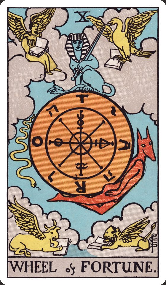 Tarotkarte X Das Rad des Schicksals aus dem Waite-Smith-Tarot, Illustration von Pamela Colman Smith