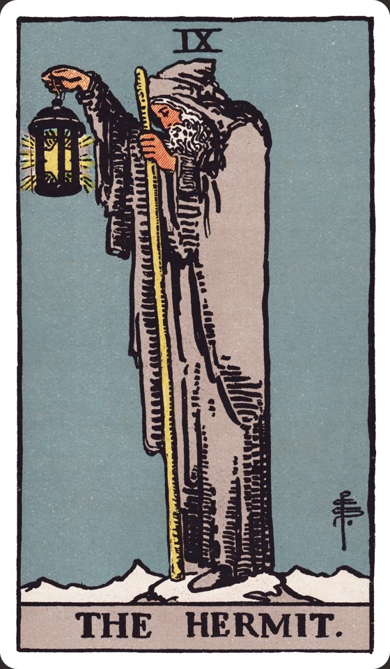 Tarotkarte IX Der Eremit aus dem Waite-Smith-Tarot, Illustration von Pamela Colman Smith