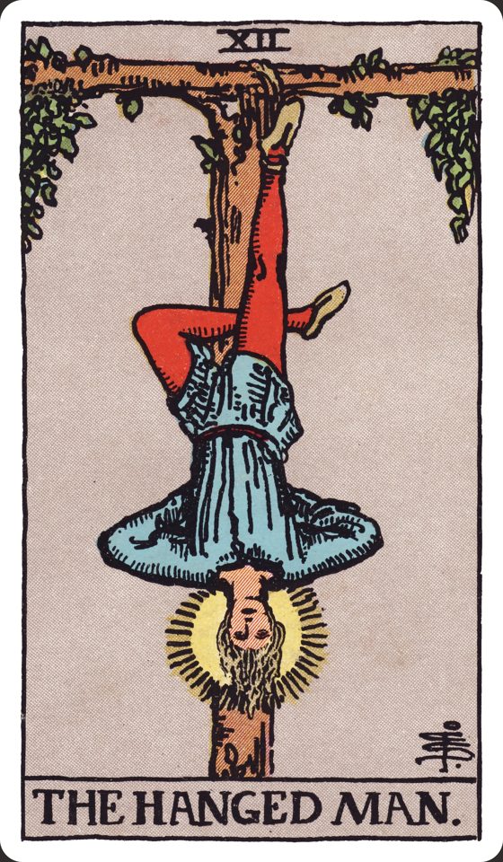 Tarotkarte XII Der Gehängte aus dem Waite-Smith-Tarot, Illustration von Pamela Colman Smith