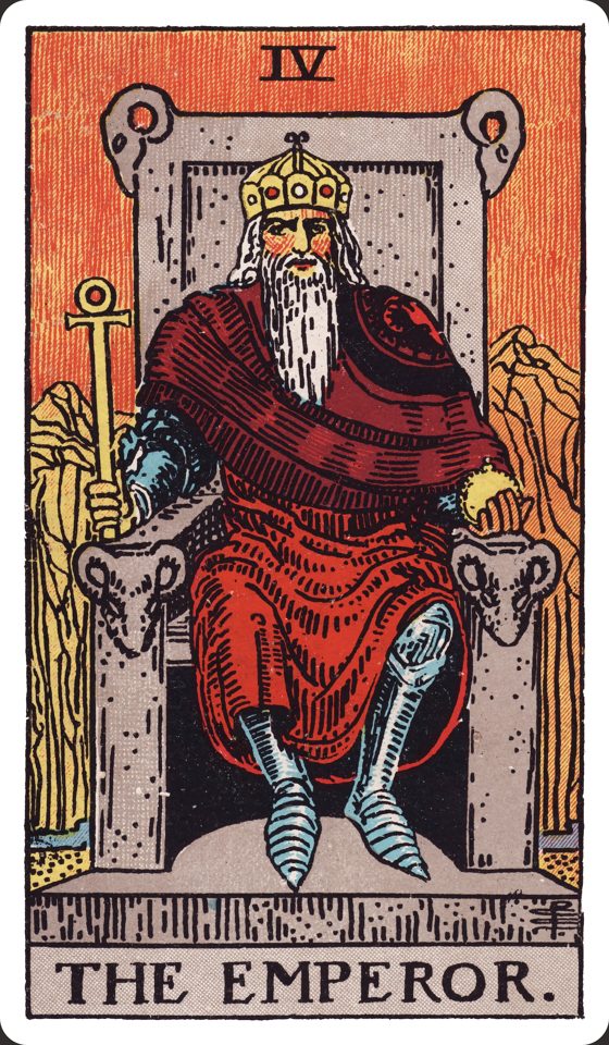 Tarotkarte IV Der Herrscher aus dem Waite-Smith-Tarot, Illustration von Pamela Colman Smith