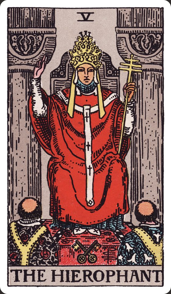 Tarotkarte V Der Hierophant aus dem Waite-Smith-Tarot, Illustration von Pamela Colman Smith