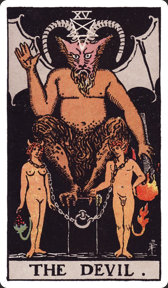 Tarotkarte XV Der Teufel aus dem Waite-Smith-Tarot, Illustration von Pamela Colman Smith
