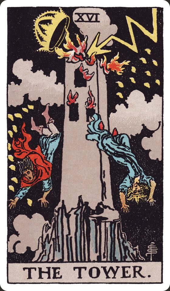 Tarotkarte XVI Der Turm aus dem Waite-Smith-Tarot, Illustration von Pamela Colman Smith