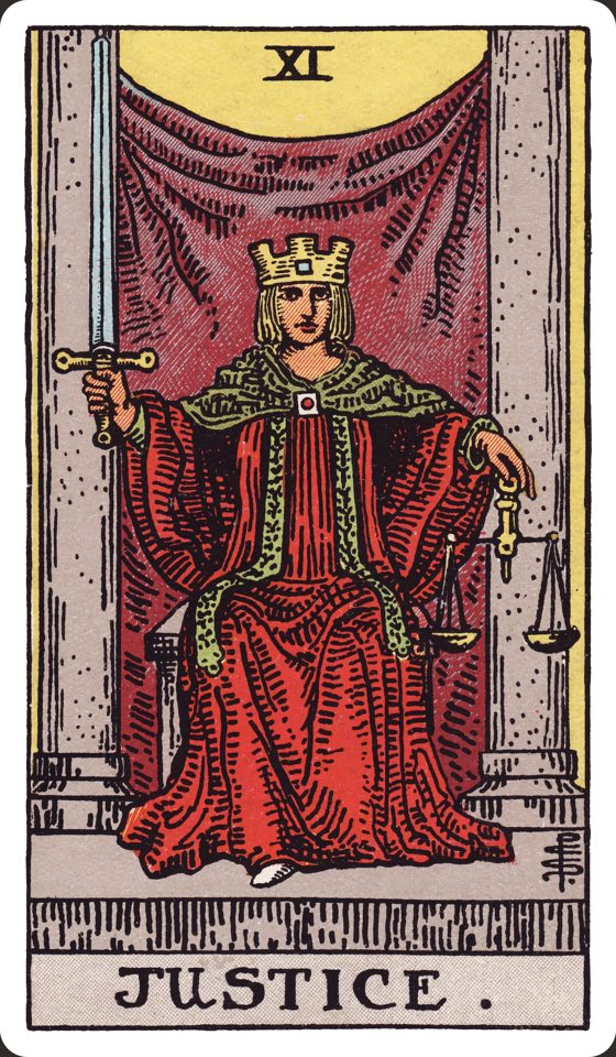 Tarotkarte XI Die Gerechtigkeit aus dem Waite-Smith-Tarot, Illustration von Pamela Colman Smith