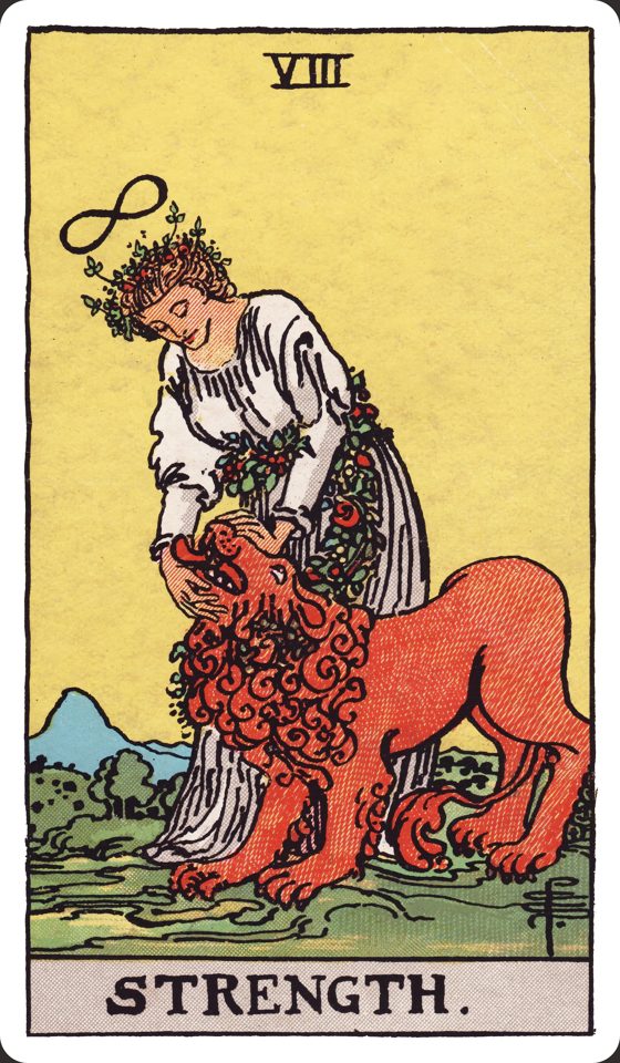 Tarotkarte VIII Die Kraft aus dem Waite-Smith-Tarot, Illustration von Pamela Colman Smith
