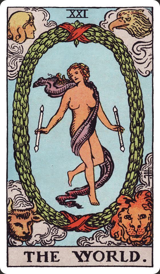Tarotkarte XXI Die Welt aus dem Waite-Smith-Tarot, Illustration von Pamela Colman Smith