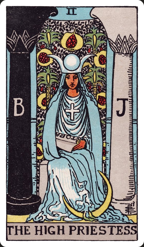 Tarotkarte II Die Hohepriesterin aus dem Waite-Smith-Tarot, Illustration von Pamela Colman Smith