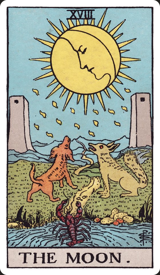 Tarotkarte XVIII Der Mond aus dem Waite-Smith-Tarot, Illustration von Pamela Colman Smith
