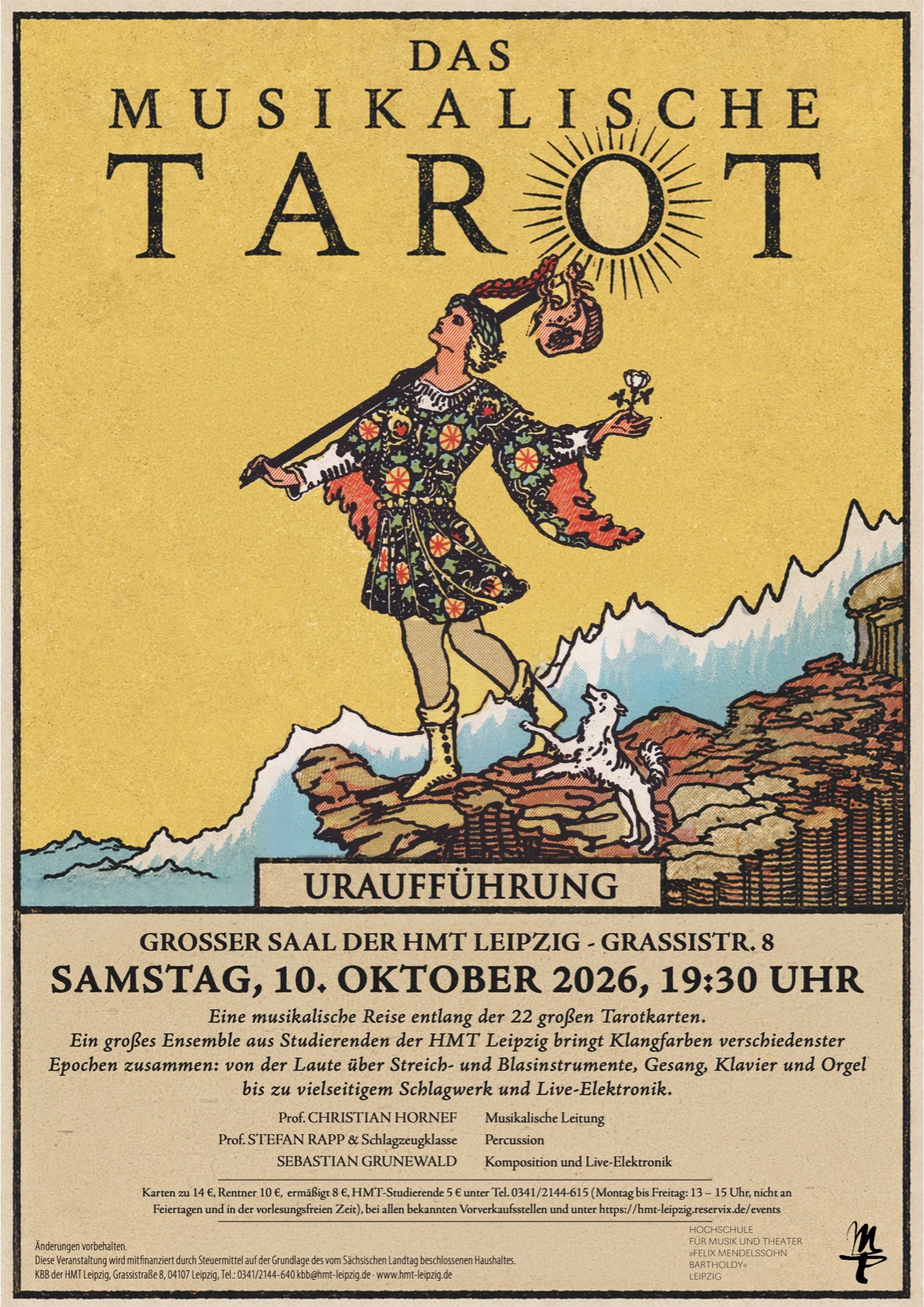 Plakat Das musikalische Tarot, Uraufführung am 10. Oktober 2026 im Großen Saal der HMT Leipzig
